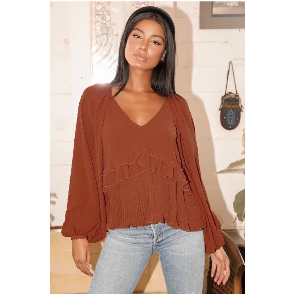 LULUS Thrills And Frills Rust Orange Swiss Dot Long Sleeve Top Size M